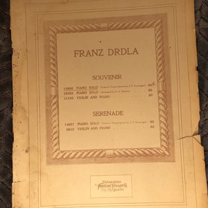 Souvenir (for piano) Franz Drdla No. 1856 - 1917 &quot;Souvenir&quot; Antique Piano Sheet Music Theodore Frazier Co. Philadelphia 1917