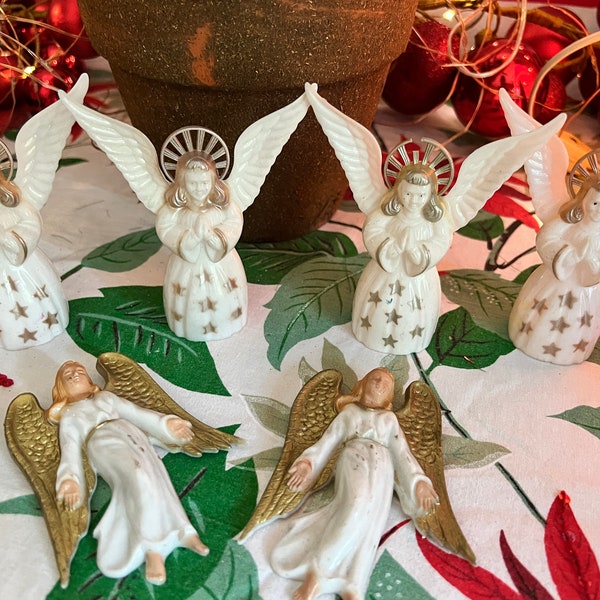 Pretty Rosen Angels Retro Vintage Christmas Hard Plastic White Gold Silver Atomic Xmas Figurines Ornaments