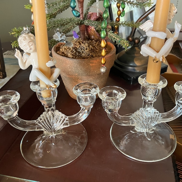 Elegant Vintage Clear Pressed Glass Pair of Triple Candle Stick Holders Mid-Century Cottagecore Shabby Chic Holiday Table Display