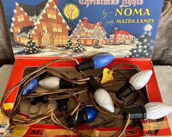 Vintage NOMA Outdoor Christmas 7 String Lights w/Mazda Lamps Colored Swirl Light Bulbs Bakelite Sockets