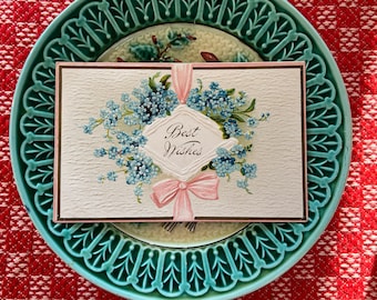 Meilleurs voeux vintage Floral gaufré Oublie-moi Nœuds Pink Bow Carte postale Carte de félicitations