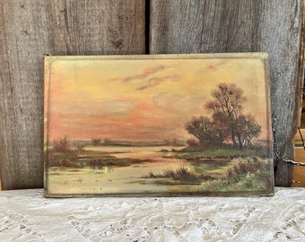 アンティークの川の風景油絵、1800年代の夕焼けの風景 - Etsy 日本