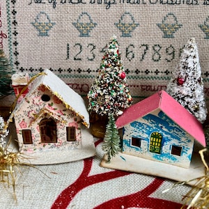 Pretty Colored Vintage Cuteness Putz Houses Cardboard Village Christmas Ornaments Japan