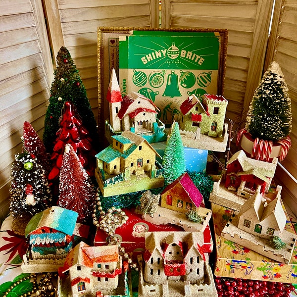 Rare Pretty Brightly Colored Mica Cardboard Vintage Christmas Putz Houses Village Display Retro Xmas