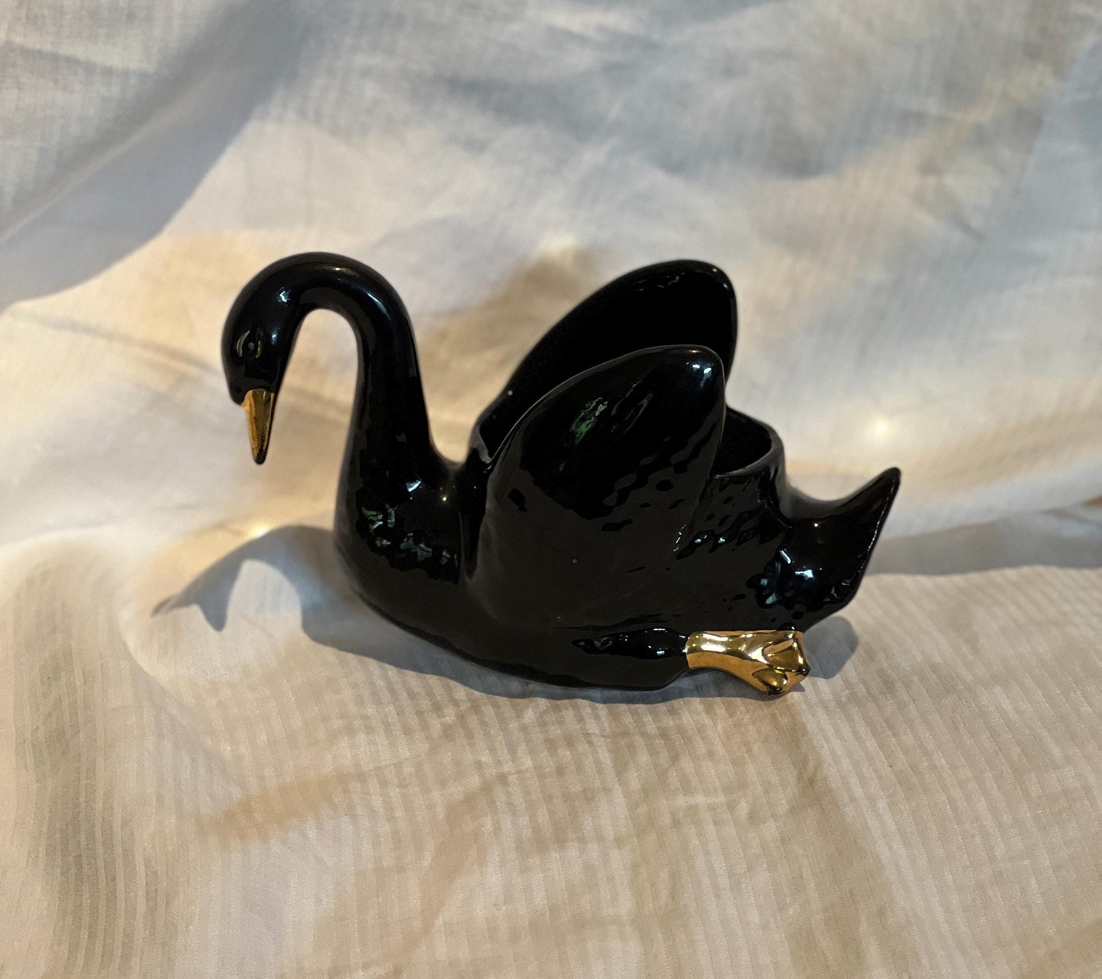 Elegant Vintage Ceramic Black Swan Planter With Gilding Art
