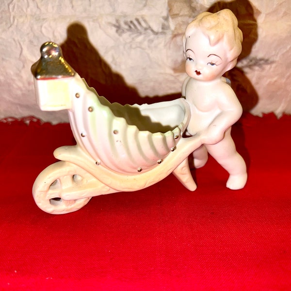 Darling Kitsch Valentine Cherub Angel Cupid Pushing Wheelbarrow Figurine Made in Occupied Japan Vintage Bisque Ceramic