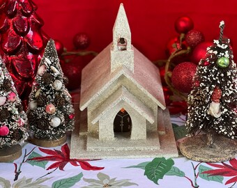 Wonderful Putz Mica Glitter White Wooden Lighted Church w/Bell Tower Hand Crafted MCM Christmas Display