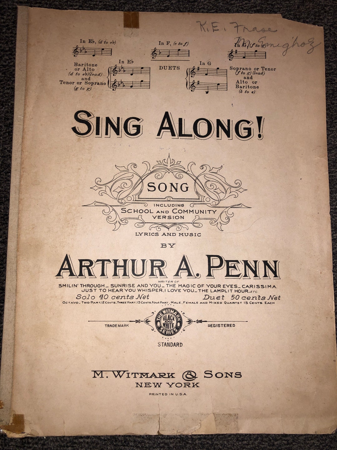Rare Historic Sheet Music Penn, Arthur A Sing Along 1923 Musical Score