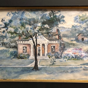 Antique Hoge House Galena IL Early 1900&#39;s Framed Watercolor Architecture Greek Revival Brick House Framed Painting KB Clemonsten