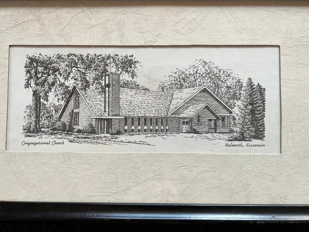 Pen & Ink First Congregational Church Walworth WI Black White Print 15 ...