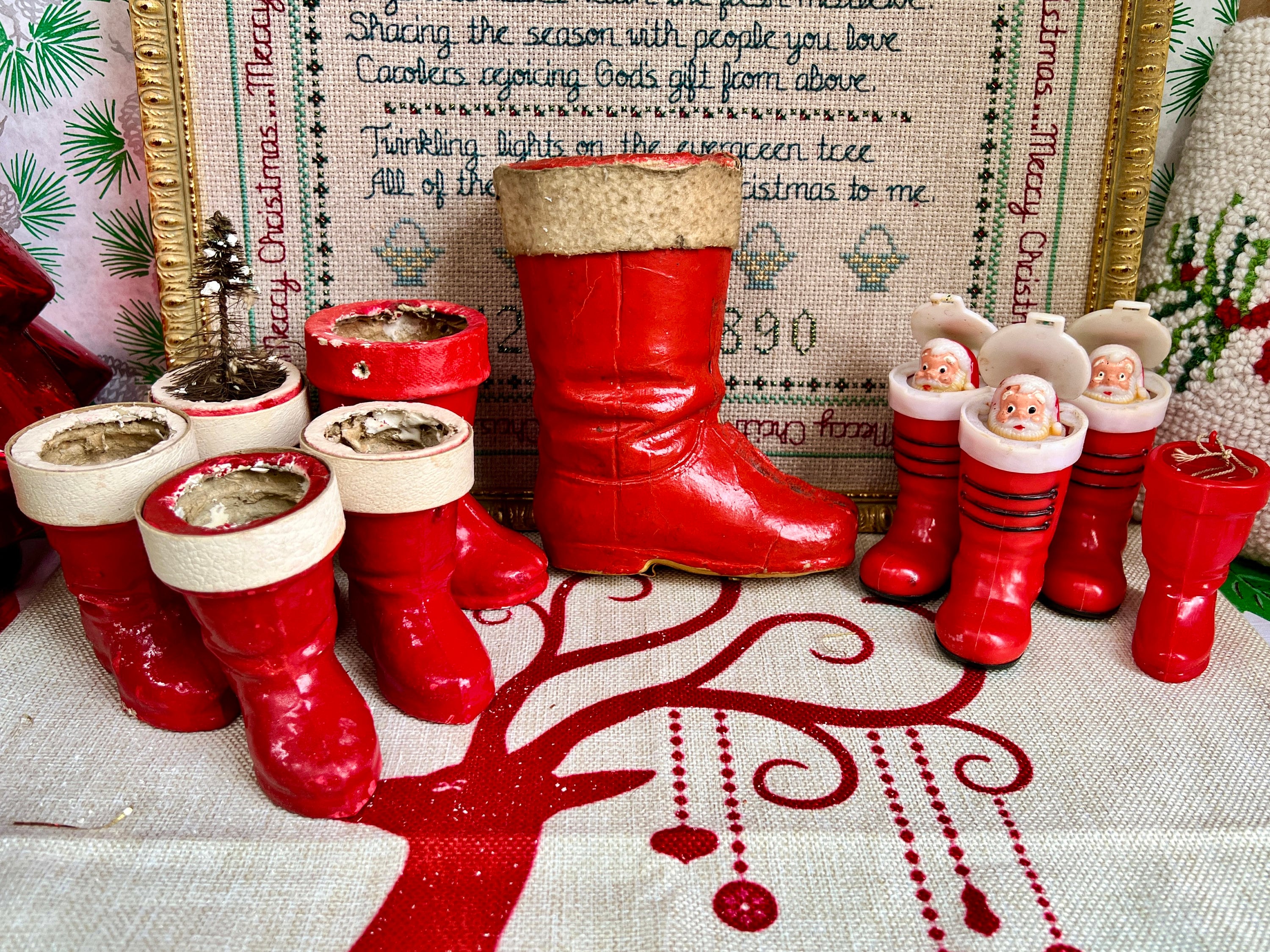 Quality Craft XL00955 Santa Boots with Trees Holiday Decoration, Red