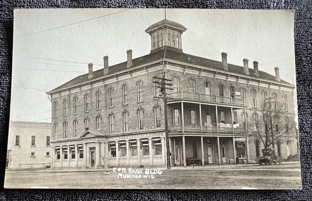 RARE Antique Sepia Black White Real Photograph F & M Bank Building Post Card Muscoda, WI RPPC