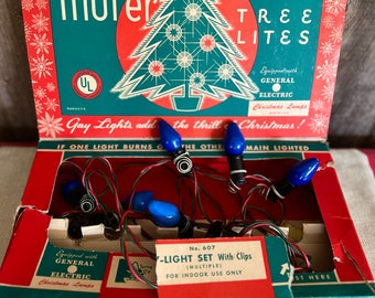 Vintage Muter Christmas Tree Lites GE Xmas Lamps 7 Lights w/Clips Indoor-Use Lovely Graphics on Original Box