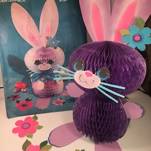 Rare Super Cute Vintage Hallmark Plans A Party Easter Bunny Centerpiece 15 3/4&quot; Tall Purple Honeycomb Crepe Paper With Die Cut Flowers