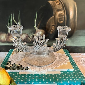 Pair of Fancy Fostoria Navarre Double Candle Holders Vintage Clear Glass Double Candlestick Holders Art Nouveau