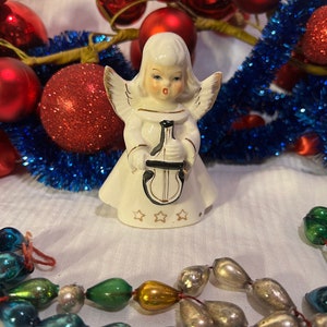 Sweet Vintage Lefton Angel Figurine Playing Violin Cello Made in Japan Holt Howard Style Mid-Century Kitschy Musical Angel