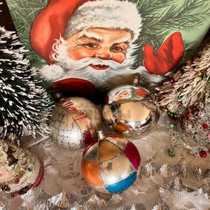 Gorgeous Vintage Jumbo Hand-Blown Glass Christmas Ornaments Menu: 5&quot; Solid Silver Ball; Jester Colored Ball; Silver Mica Ball