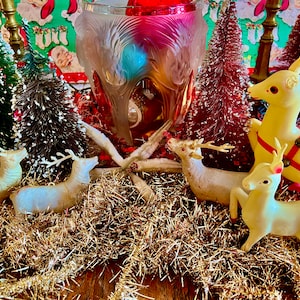 Vintage Putz Plastic Reindeer Island of MisFits w/Missing Antler; Pink Ears Deer; White Plastic Deer; Beige Deer Retro Christmas Display