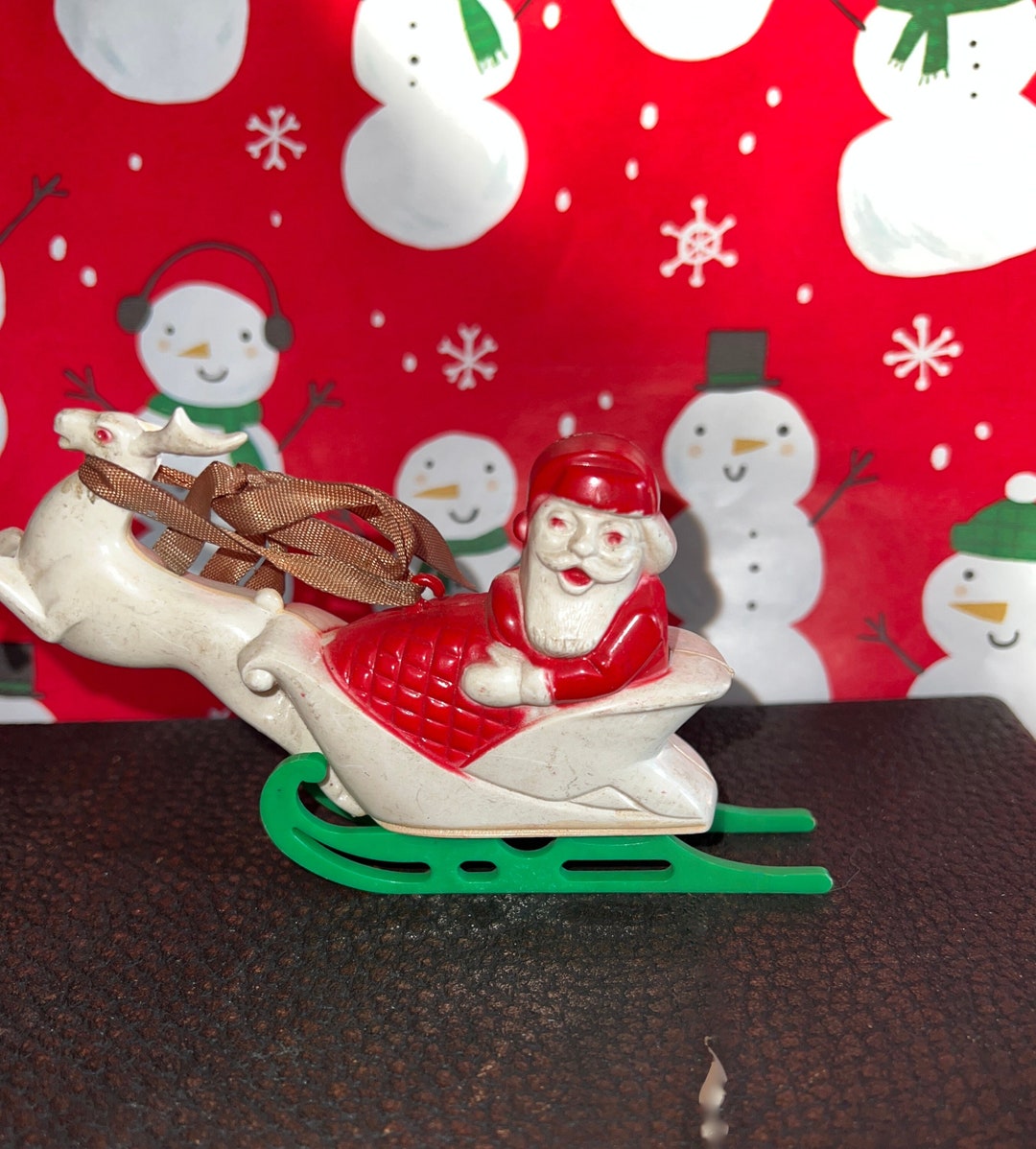 Kitschy Vintage Hard Plastic Santa Claus in Sleigh Flying Reindeer MCM