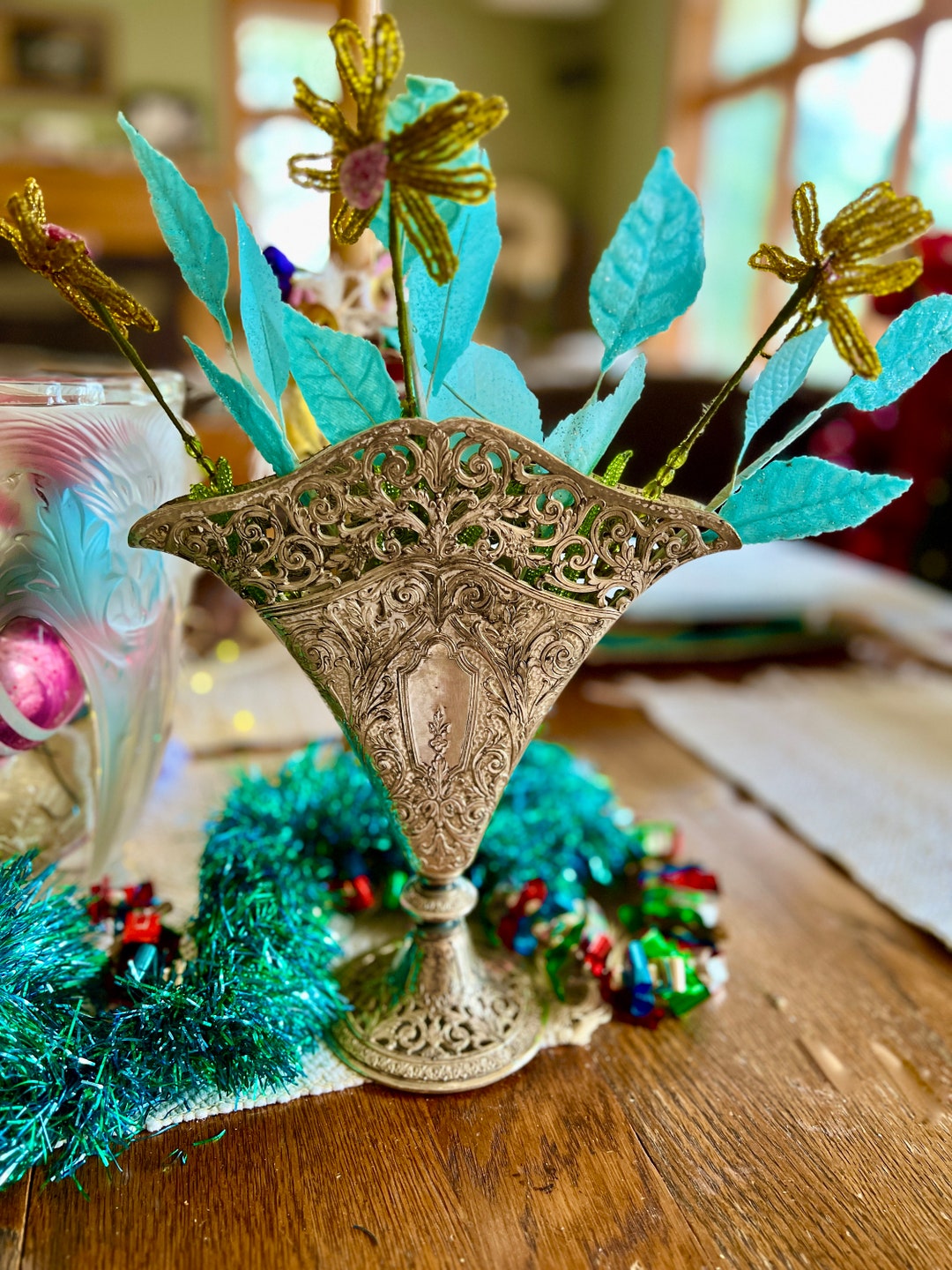 Lovely Antique Repousse Etched Victorian Fan Vase Ornate Forbes