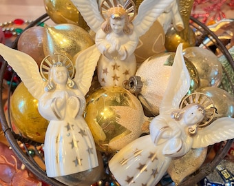 Ornamenti natalizi vintage a forma di angelo in celluloide, in plastica dura, stelle bianche e dorate, alone dorato, alone argentato, festività anni '50, Rosen Tyco Toys