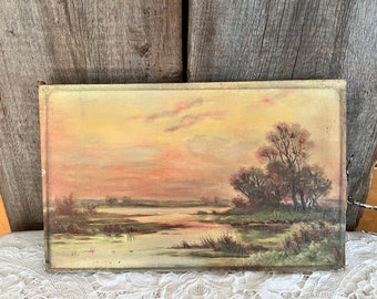 アンティークの川の風景油絵、1800年代の夕焼けの風景 - Etsy 日本
