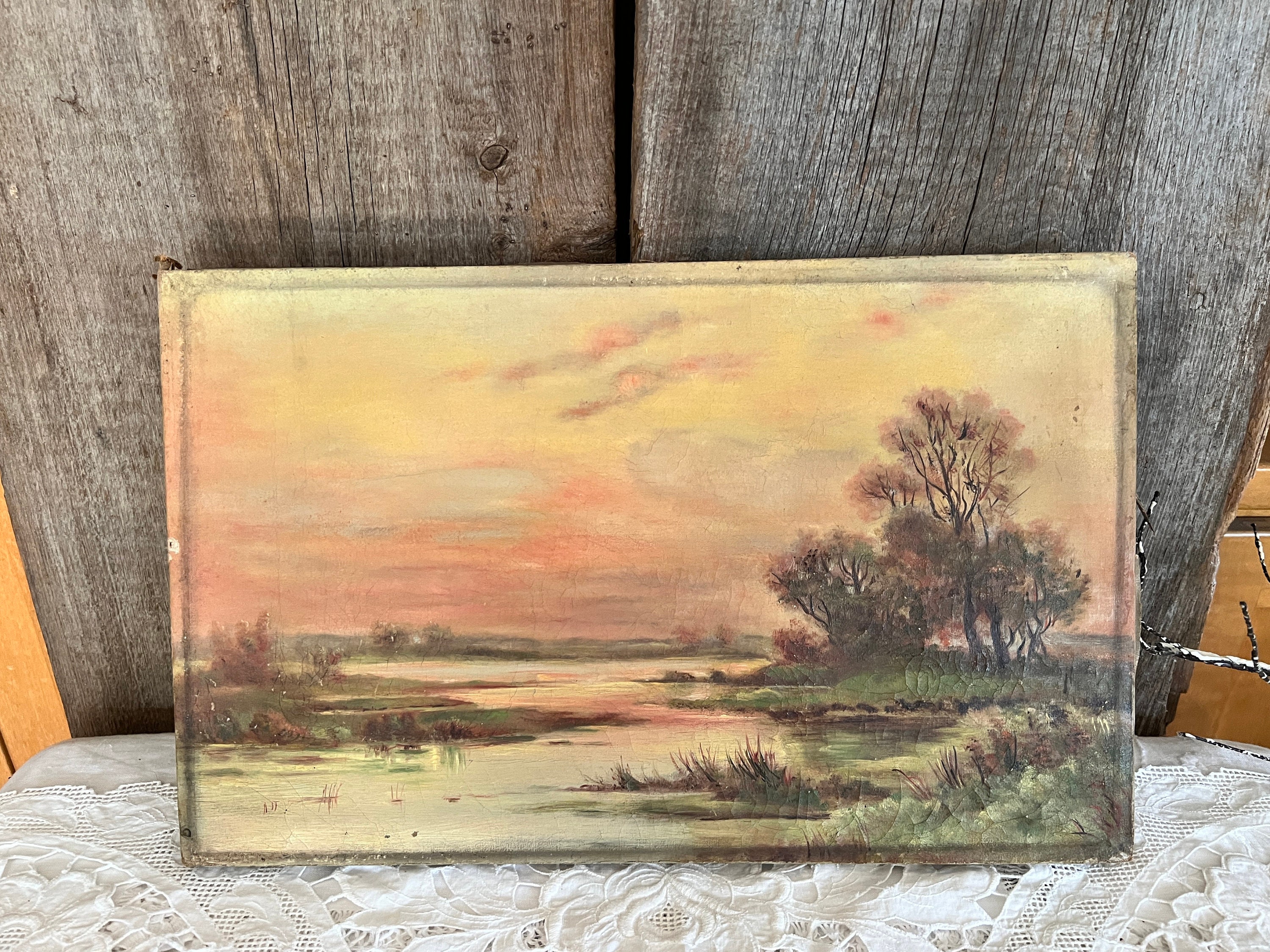 アンティークの川の風景油絵、1800年代の夕焼けの風景 - Etsy 日本