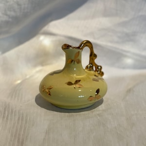 Vintage Yellow Glaze Hand Painted Gold Leaves Le Pere Pottery Small Pitcher Olive Oil Bottle Flower Regency Style Bud Vase Italian Ceramic