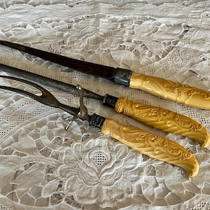 Fancy Ornate Victorian Edwardian Antique Carved Celluloid Repousse Metal Sterling Carving Set Knife, Fork, Sharpener Landers Frary & Clark