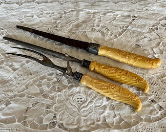 Fancy Ornate Victorian Edwardian Antique Carved Celluloid Repousse Metal Sterling Carving Set Knife, Fork, Sharpener Landers Frary & Clark