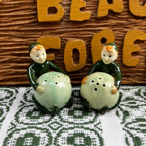 Fun Vintage Kitsch Green Elf Pixie Hugging Round Green Mushroom Ball Salt Pepper Shakers Japan 1950s MCM