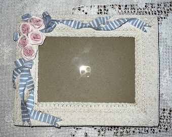 Vintage Cottagecore White With Pink ceramic Roses and Blue/White Ribbon Suitable for 5x7" Resin Picture Frame Shabby Chic