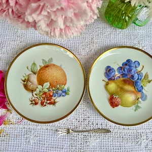 Stunning Vintage Bavaria Germany E R Jaeger Co. Fine Porcelain Gilded Golden Crown Orchard Fruits Dessert Salad Plates Pear, Grapes, Orange