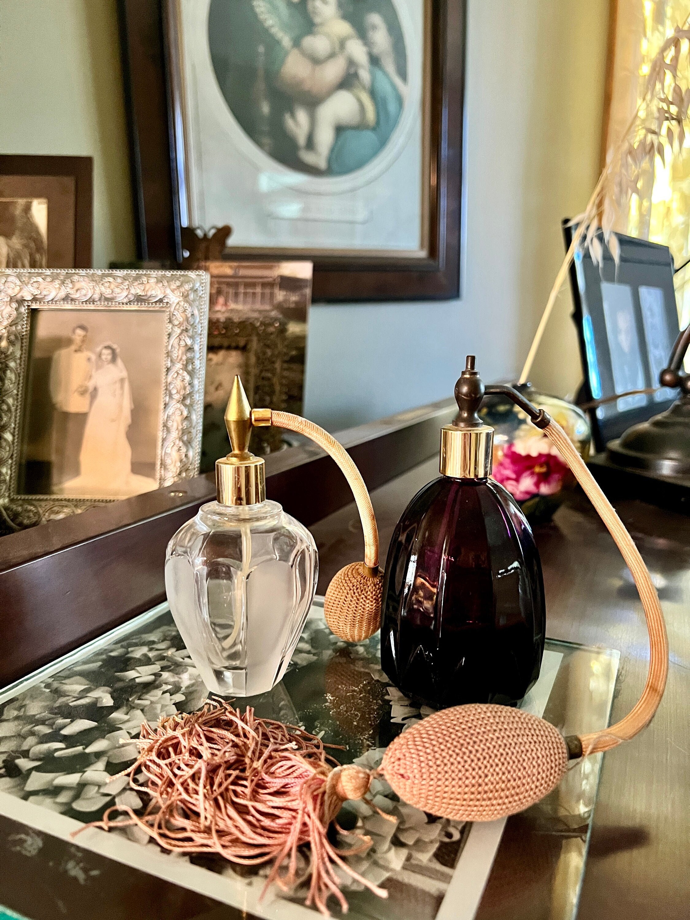 Gorgeous Art Deco Vintage Glass Perfume Bottles with Silk Net Atomizer  Purple and Clear