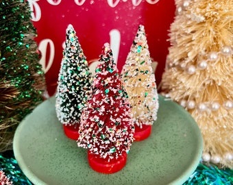 Pretty Vintage Christmas Frosted Flocked Bottle Brush Trees Red Green and White Glitter Foil Reflector Ornament Accents MCM Japan