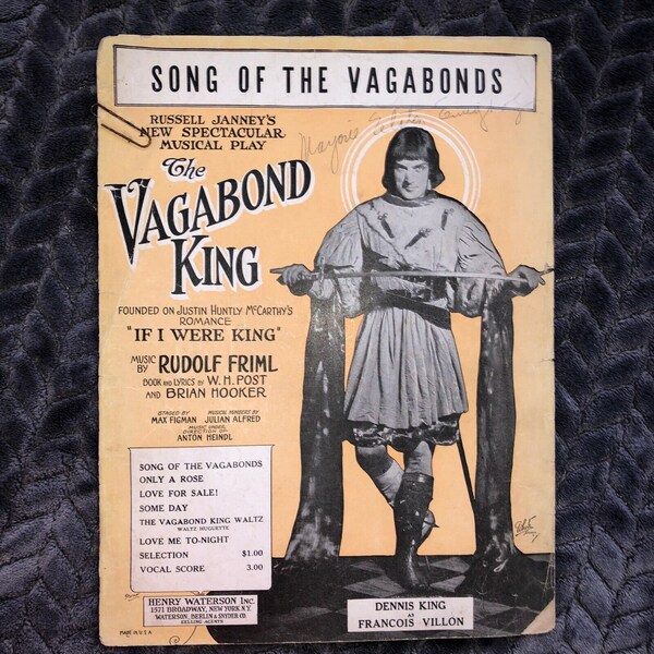 Song of the Vagabonds, Vagabond King, Dennis King, 1925 Musical Play Francois Villon Antique Sheet Music