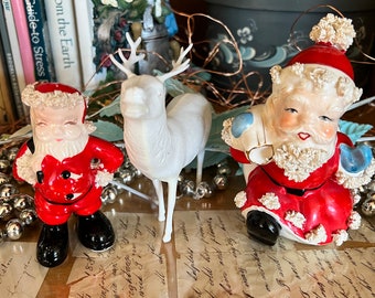 Kitschige Vintage Keramik Spaghetti Santa Figur & Weihnachtsmann Shaker Mid-Century Weihnachtsdekoration