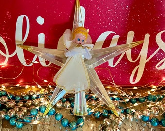 Vintage Sweet Plastic Face Angel Tree Topper Netting Pipe Cleaner Silver White 7" Mid-Century Retro Christmas Atomic Xmas Decorations