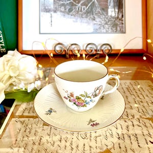 Gorgeous Antique Royal Copenhagen Tea Cup and Saucer Denmark, Frijsenborg  Wildflower/Floral Patten Green Stamp and 3 wavy Lines