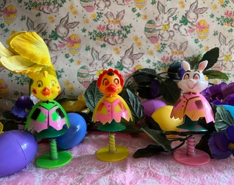 Choose 1 or all 3 Vintage Easter Plastic Spring Pop Up Toy Chick, Duck, Bunny Rabbit Japan Cake Toppers Easter Decorations Easter Basket