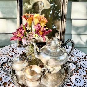 Antique English Silver on Copper 4 Pc. Tea Set Sheffield England English Silver-Plate 1800&#39;s Teapot, Creamer, Sugar Bowl, Tray