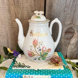 Victorian Moss Rose English Ironstone China Tea Pot Coffee Pot Chocolate Pot Hand Painted Gilded &quot;Holland&quot; 1800&#39;s Shabby Chic Cottagecore