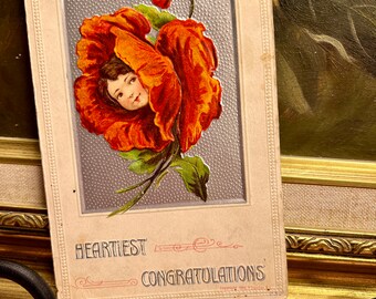 Beautiful Rare "Heartiest Congratulations" Embossed Girl in Red Poppy Flower Divided Antique Postcard 1903 P. Sander NY