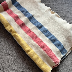 May include: A white striped blanket with yellow, red, and blue stripes. The blanket is folded and lying on a gray surface.