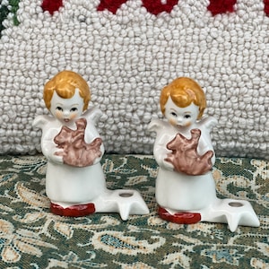 Sweet Vintage Goebel Hand Painted  1 (2 available) Ceramic Angel Figurines Holding Toy Rocking Horse Birthday Cake Candle Holders Christmas