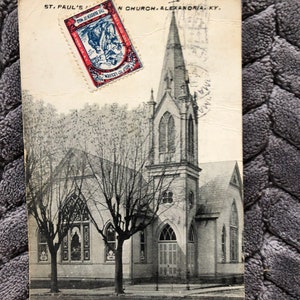 "1916 schwarz weiß Foto-Postkarte Deutsche St. Paul's Kirche Alexandria Kentucky "Religiöse Architektur ""Gemeinsam zur Linderung der Kriegslast"" Stempel."