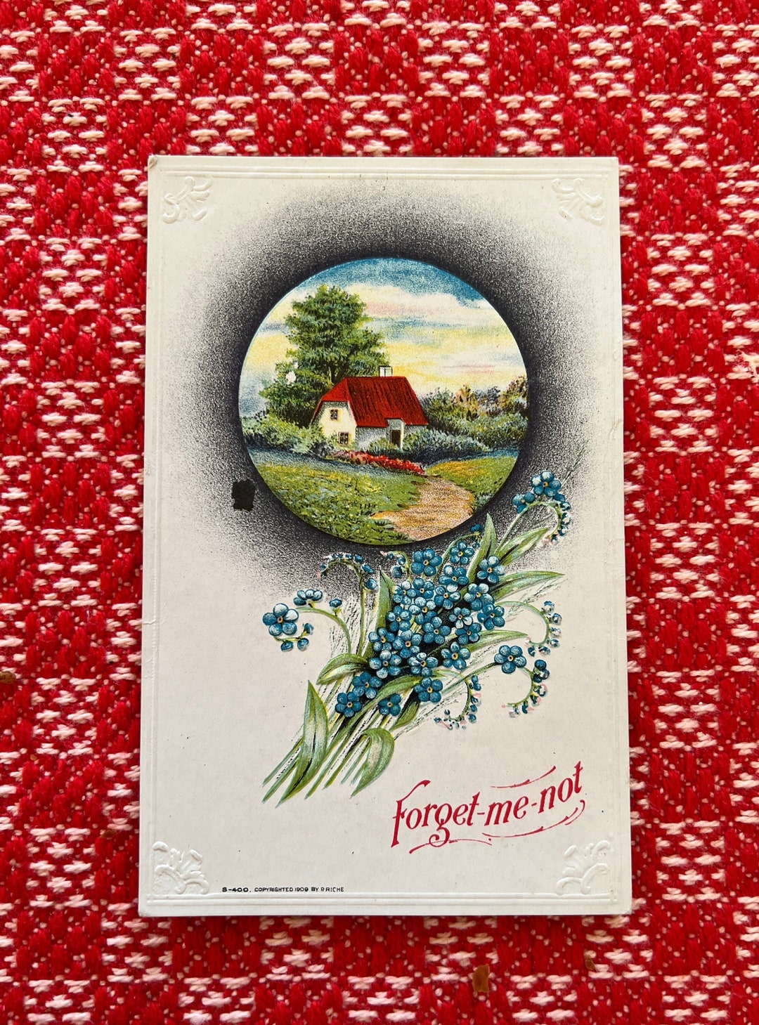 Embossed Landscape Forget Me Knot Embossed Floral Landscape Scene Lithograph Antique ...