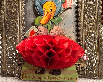 Adorable Germany Honeycomb Paper Valentine Card "Ducky Darling Will You Be My Valentine" With Easel Antique Early