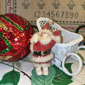 Vintage Kitsch Santa in his Wicker Sleigh Figurine Paper Mache Mica Made in Japan Mid-Century Christmas Collectible