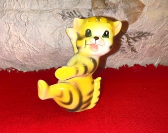 Super Cute Kitsch Yellow & Black Tabby Cat Ceramic Figurine Made in Japan Mid-Century